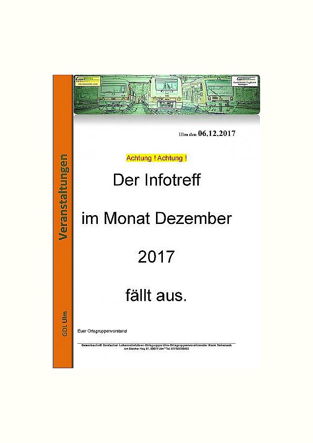 Ausfall Infotreff Dezember